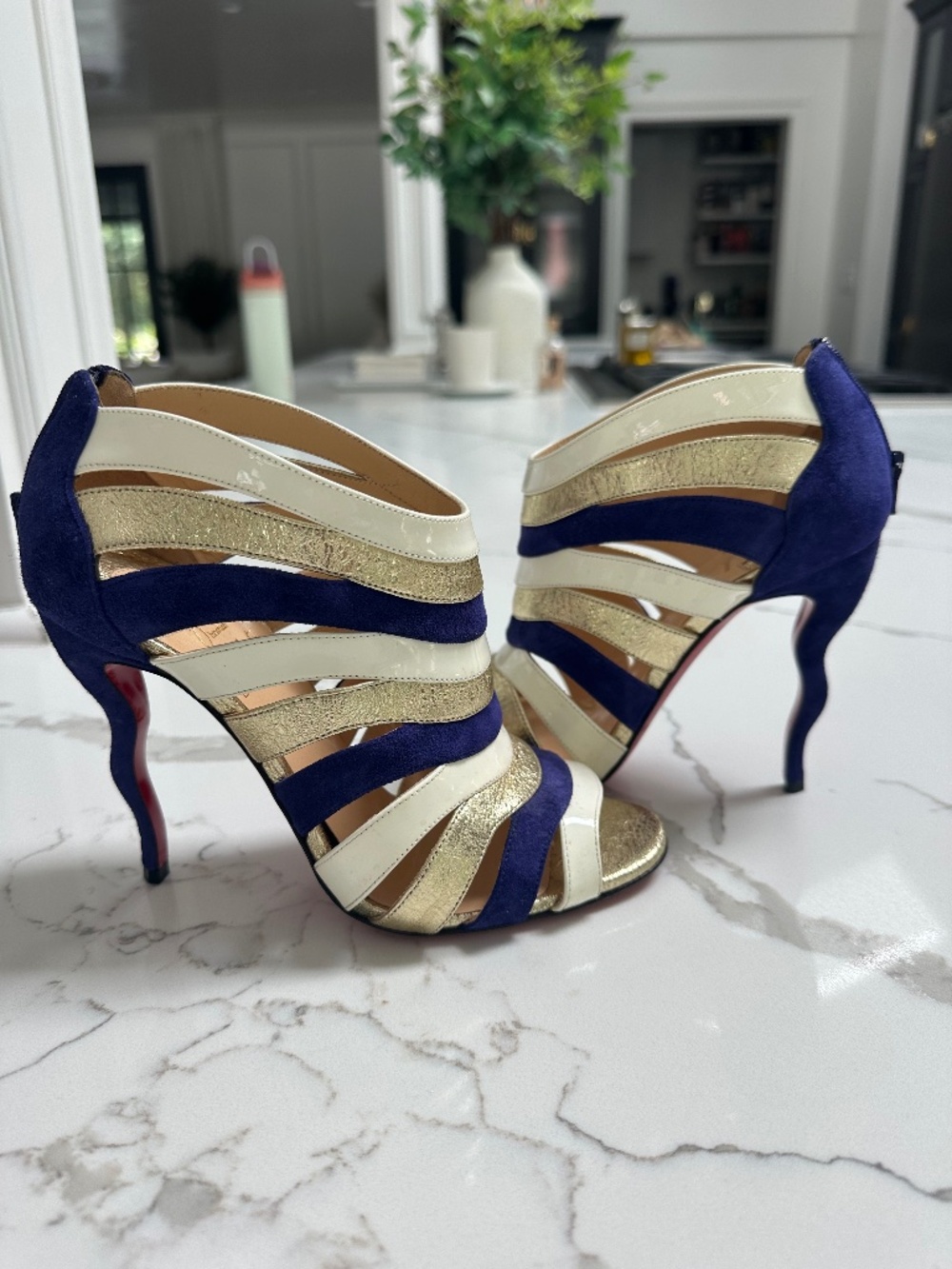 Christian Louboutin Purple/White/Gold Open-Toe Bootie Heel 36 Sz